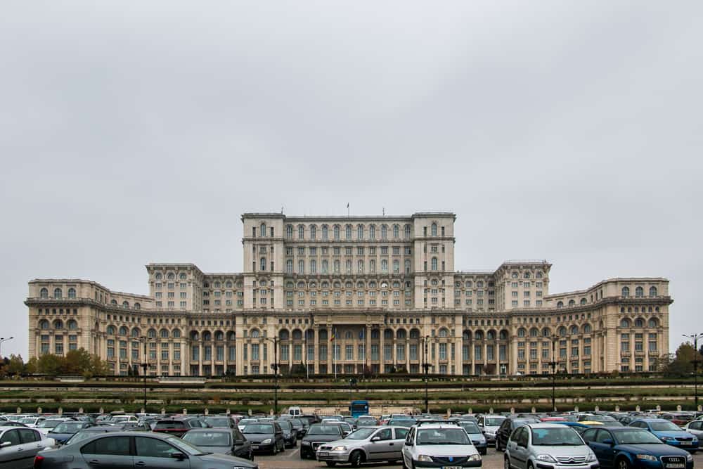 Giant block building made of marble, the parliament building of Romania in Bucharest.