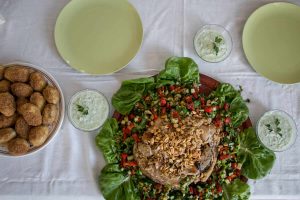 Platter of food with rice and lettuce