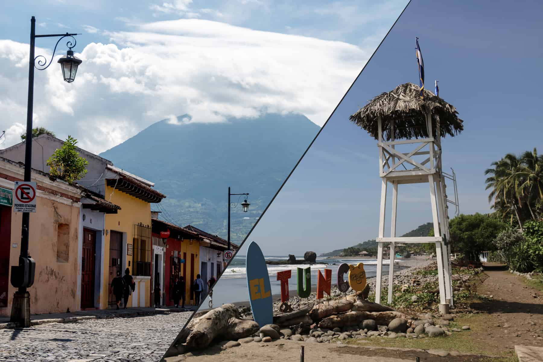 Two photos. A street and volcano on the left, a lifeguard tower on the right in Guatemala and El Salvador