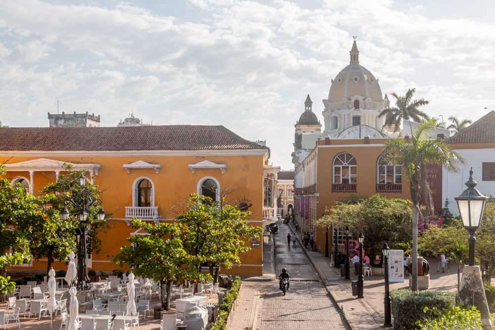 Yellow building and a white cathedral