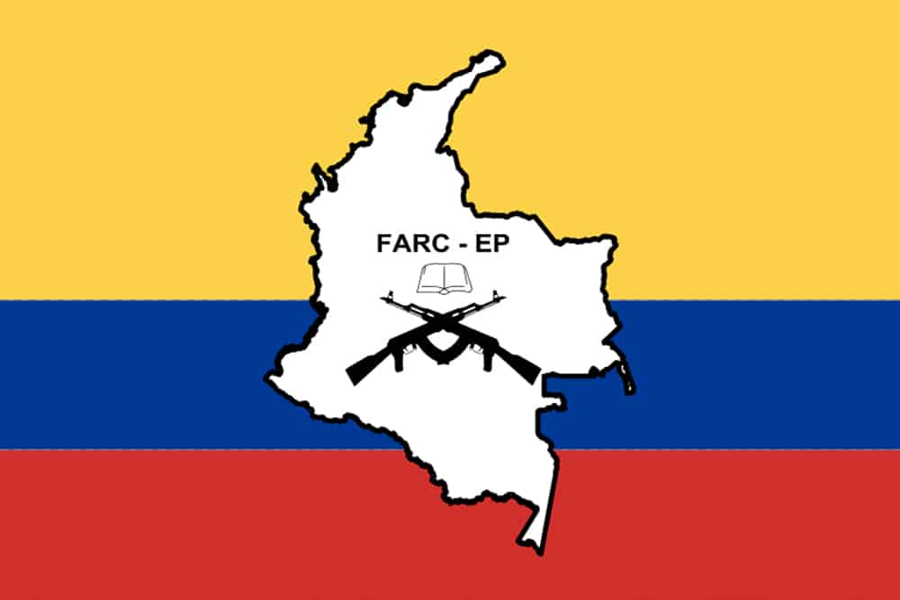 Yellow, Blue and Red flag with the emblem of the FARC guerrilla group