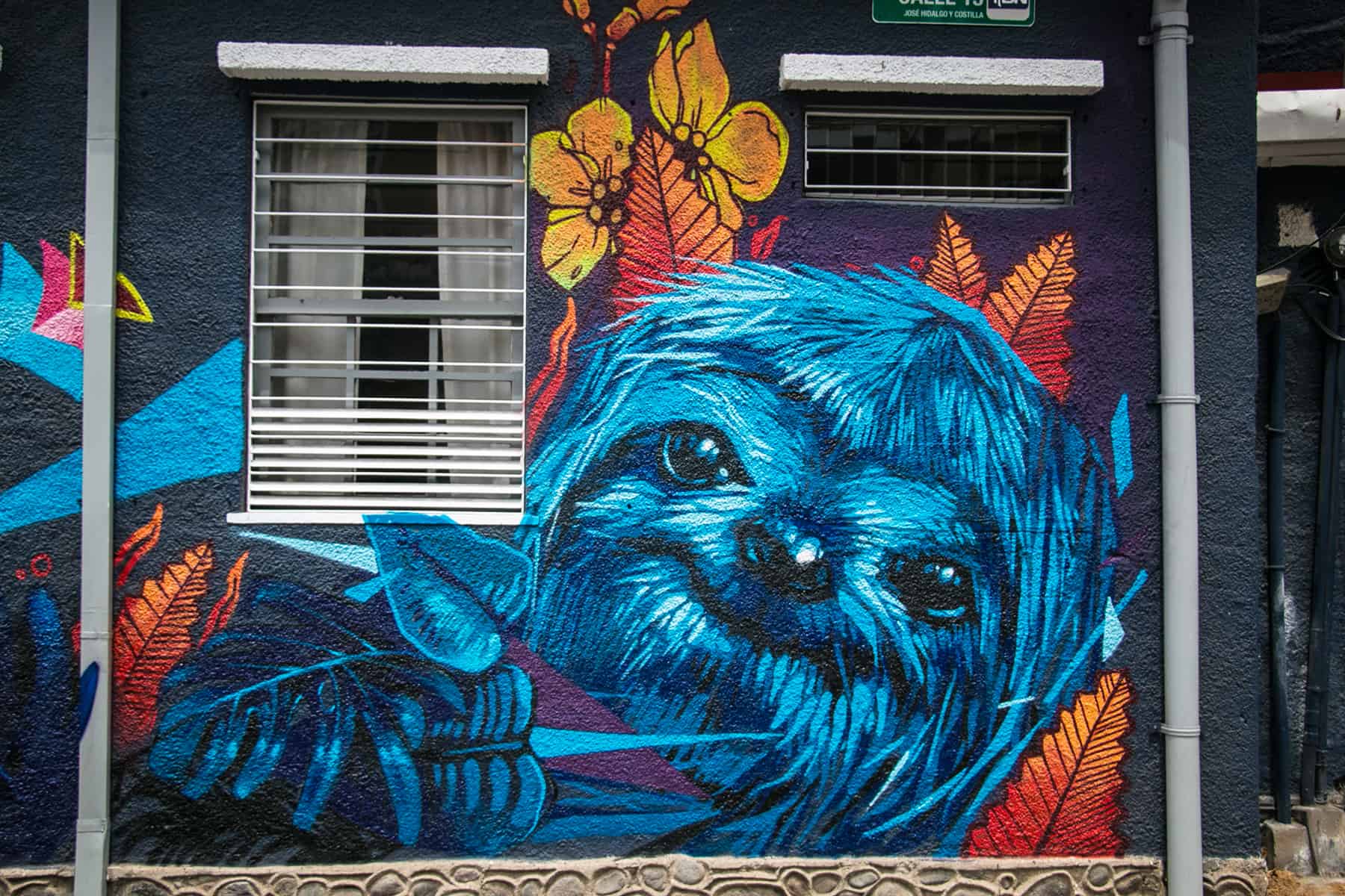 Blue sloth graffiti on a wall.
