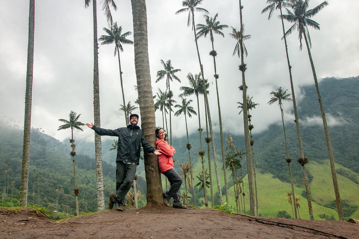 Two people standing at the base of a palm tree with clouds and mountains in the background.