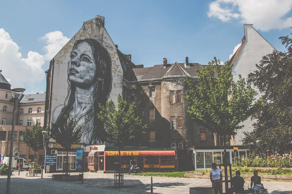 Street art of a woman on the side of a building in Ostrava Czech Republic