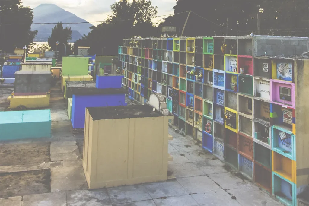 Colourful concrete caskets in a cemetery at Panajachel, Lake Atitlan.