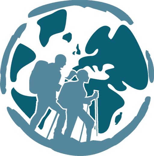 Two-tone blue logo of two people walking on a globe of earth.